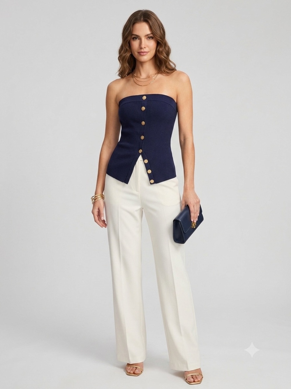 Emerson Lang Navy Ribbed Strapless Corset Knit Tube Top Gold Button Detail Sz M
